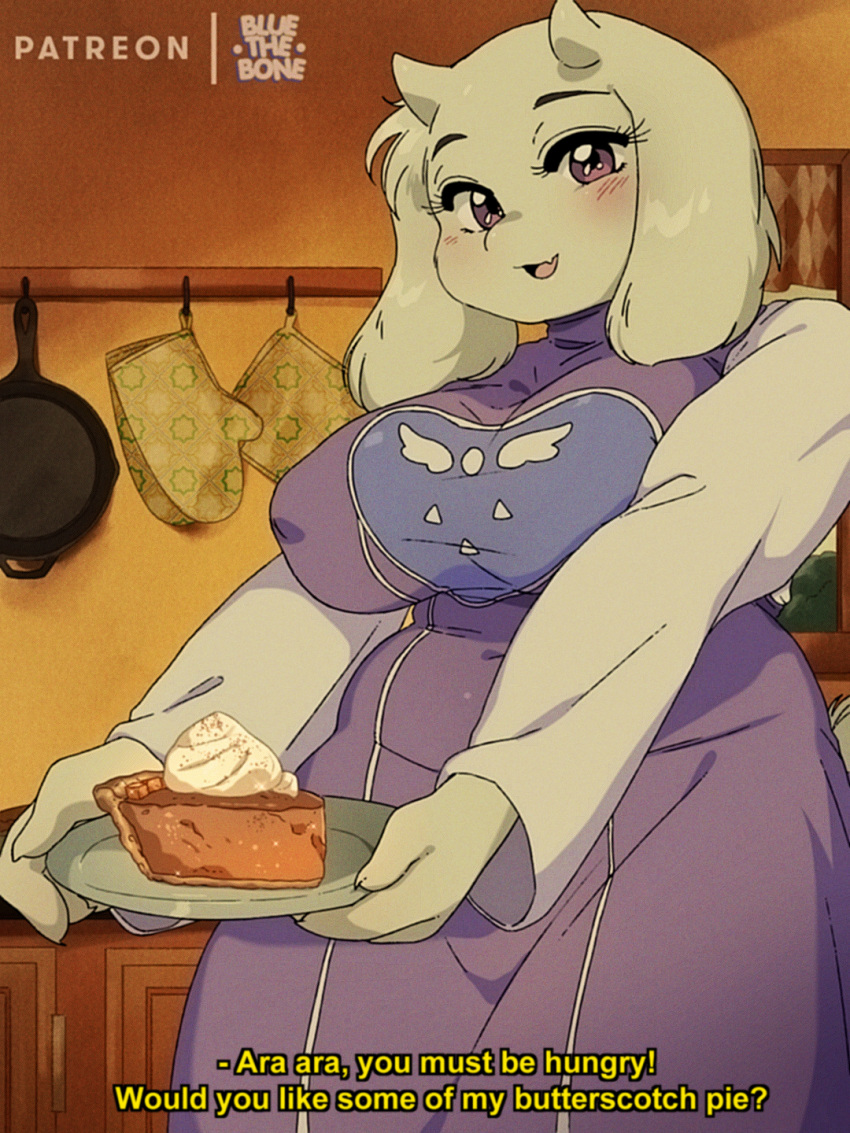 1980s_(style) 1girl ara_ara bluethebone blush breasts cake covered_nipples dress english_text fang food furry furry_female highres holding holding_plate horns indoors kitchen large_breasts long_sleeves looking_at_viewer mature_female open_mouth plate retro_artstyle skin_fang smile solo subtitled toriel undertale violet_eyes wide_hips