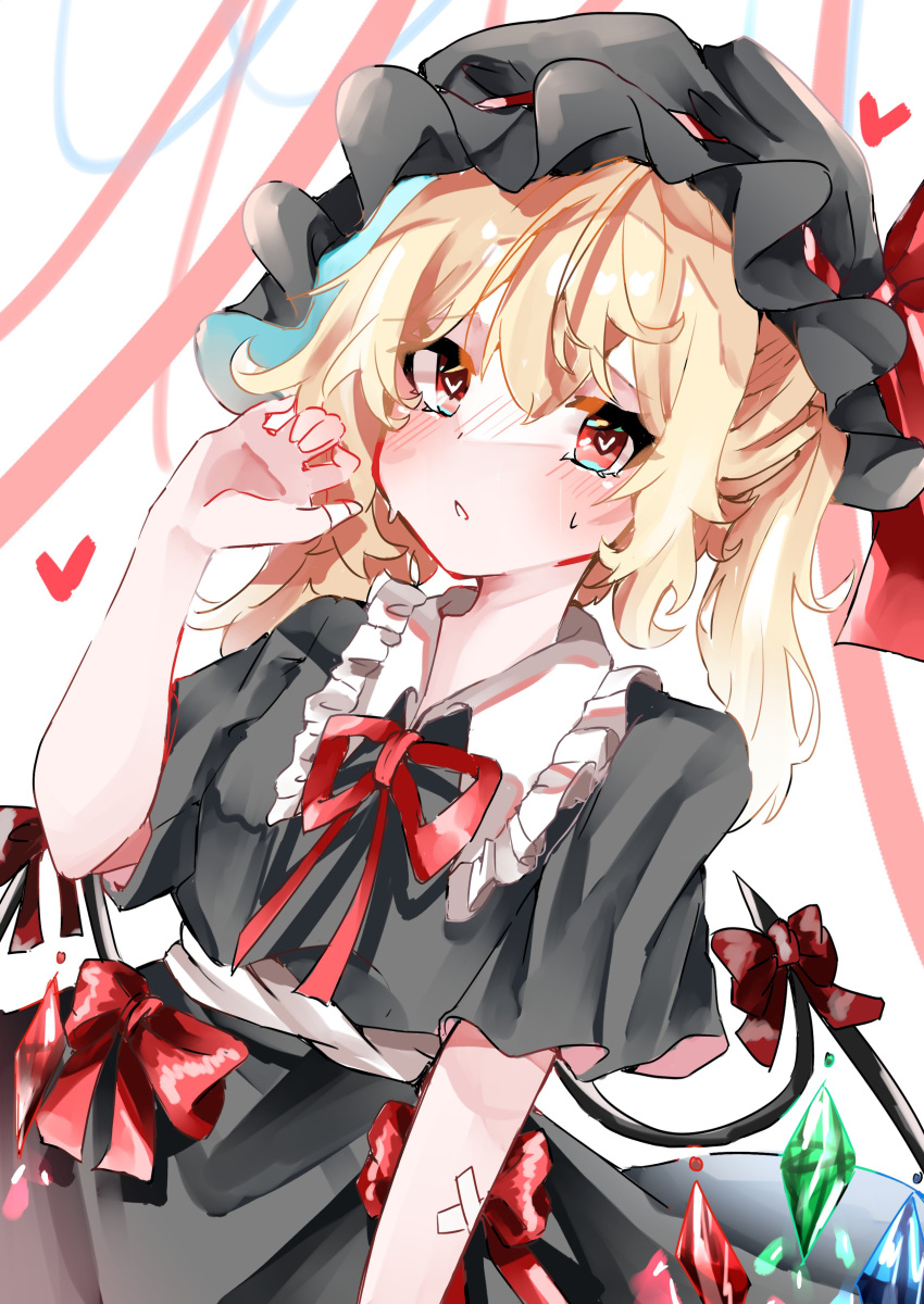 1girl absurdres alternate_color bangs belt black_dress black_headwear blonde_hair blush bow bowtie brown_bow collared_dress commentary_request crystal dress eyebrows_visible_through_hair eyes_visible_through_hair flandre_scarlet frills fura_(wind_rahu) hair_between_eyes hand_up hat hat_ribbon heart heart-shaped_pupils highres jewelry looking_away mob_cap multicolored_wings nervous one_side_up open_mouth red_bow red_bowtie red_eyes red_heart red_ribbon ribbon short_hair short_sleeves simple_background solo standing symbol-shaped_pupils touhou white_background white_belt wings