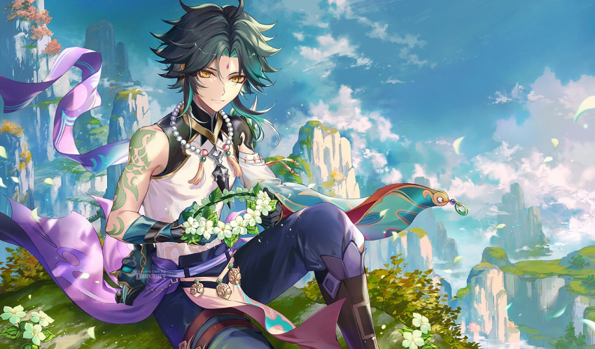 1boy ahoge armor bangs bead_necklace beads black_footwear black_gloves black_hair blue_sky blush boots cliff clouds commentary darkavey detached_sleeves english_commentary flower flower_wreath genshin_impact gloves green_hair holding jewelry lantern light_smile long_sleeves looking_at_viewer looking_back male_focus multicolored_hair necklace pants paper_lantern parted_bangs polearm purple_pants qingxin_flower shiny shiny_hair shirt short_hair shoulder_armor shoulder_spikes sidelocks sitting sky sky_lantern sleeveless sleeveless_shirt smile solo spear spikes two-tone_hair weapon white_flower white_shirt wide_sleeves xiao_(genshin_impact) yellow_eyes