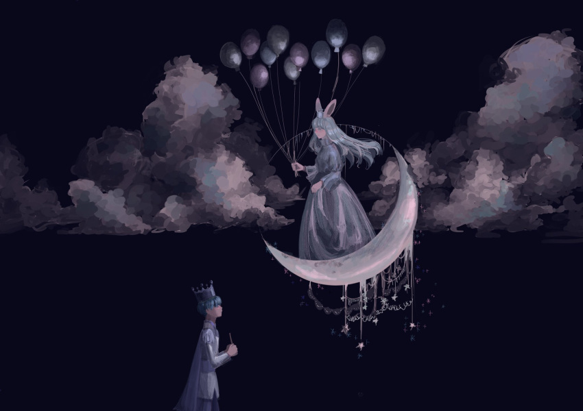1boy 1girl balloon blue_cape blue_hair blush cape closed_mouth clouds commentary crescent_moon crown dark_background dress eye_contact from_side highres holding holding_balloon long_dress long_hair looking_at_another moon night original short_hair silver_dress silver_hair smile standing star_(symbol) symbol-only_commentary takasagi_(takasagi_07) yellow_eyes