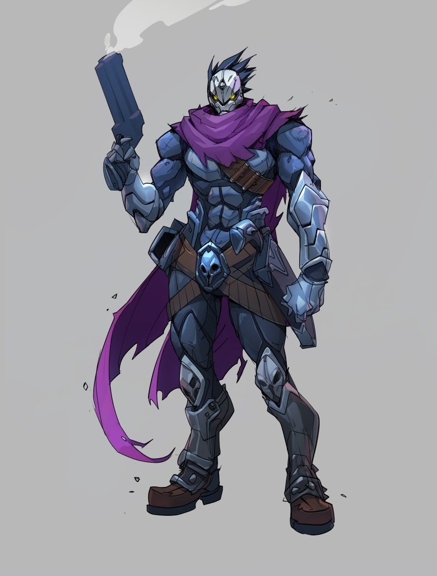 1boy abs absurdres arm_at_side bangs belt black_hair brown_belt brown_footwear bullet cape darksiders full_body glowing glowing_eyes grey_background gun hand_up hicham_habchi highres holding holding_gun holding_weapon male_focus mask muscular muscular_male purple_cape short_hair simple_background solo steam strife_(darksiders) torn_cape torn_clothes weapon yellow_eyes