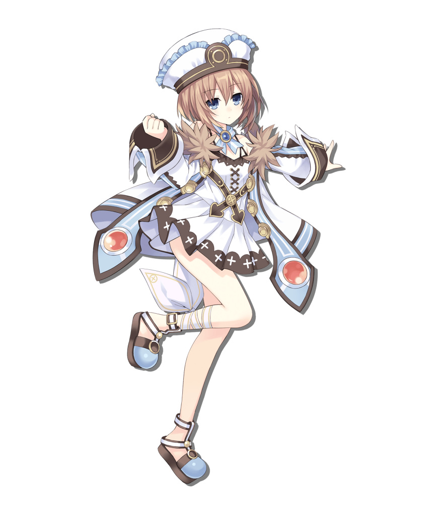 1girl alpha_transparency bangs bare_legs blanc_(neptune_series) blue_eyes brown_hair choujigen_game_neptune_sisters_vs_sisters clenched_hand closed_mouth dress drop_shadow expressionless eyebrows_visible_through_hair flat_chest frilled_hat frills full_body fur_trim hair_between_eyes hand_up hat highres jacket leg_ribbon leg_up long_sleeves looking_at_viewer neck_ribbon neptune_(series) off_shoulder official_art open_clothes open_jacket outstretched_arm ribbon short_dress short_hair sleeveless sleeveless_dress solo spaghetti_strap standing standing_on_one_leg tachi-e transparent_background white_dress white_headwear white_jacket