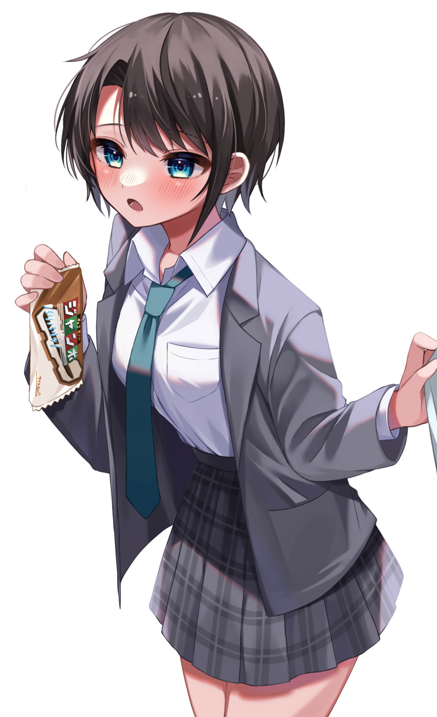 1girl bangs blue_eyes blue_necktie blush brown_hair collared_shirt commentary_request cowboy_shot eyebrows_visible_through_hair food grey_jacket grey_skirt highres holding holding_food hololive jacket long_sleeves looking_away moonbell necktie oozora_subaru open_clothes open_jacket open_mouth plaid plaid_skirt shirt short_hair simple_background skirt solo standing virtual_youtuber white_background white_shirt