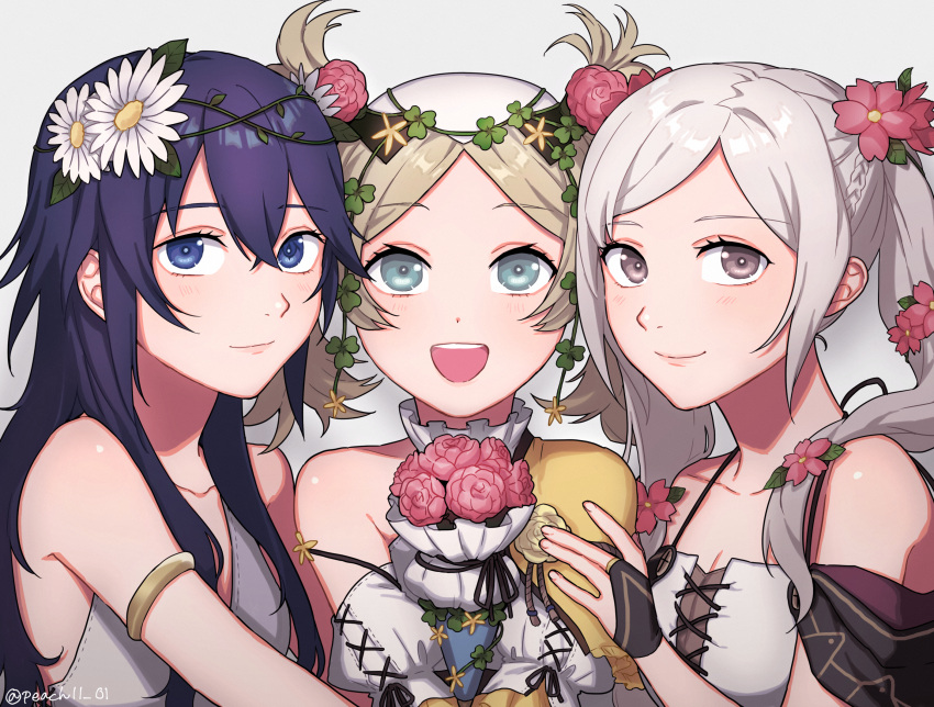 3girls :d armlet bangs bare_shoulders blonde_hair blue_eyes blue_hair blush closed_mouth collarbone dress eyebrows_visible_through_hair fire_emblem fire_emblem_awakening fire_emblem_heroes flower grey_eyes hair_between_eyes hair_flower hair_ornament highres holding holding_flower lissa_(fire_emblem) long_hair looking_at_viewer lucina_(fire_emblem) multiple_girls official_alternate_costume open_mouth peach11_01 robin_(fire_emblem) robin_(fire_emblem)_(female) silver_hair smile symbol-shaped_pupils symbol_in_eye teeth twintails upper_body upper_teeth white_background white_dress