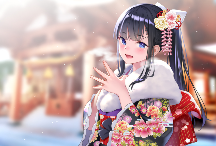 1girl black_hair blue_eyes blush eyebrows_visible_through_hair flower fur fur_collar hair_flower hair_ornament highres japanese_clothes kimono long_hair looking_at_viewer obi original outdoors own_hands_clasped own_hands_together pale_skin ponytail re:shimashima sash sidelocks solo wide_sleeves winter