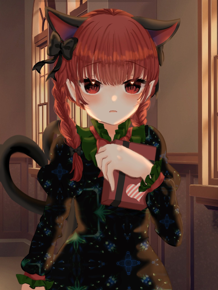 1girl animal_ears ao_orin_ringo bangs black_bow blush bow braid cat_ears cat_tail dress extra_ears eyebrows_visible_through_hair face gift green_dress hair_bow heart highres kaenbyou_rin light_frown multiple_tails night open_mouth outdoors parted_lips pointy_ears portrait puffy_sleeves raised_eyebrows red_eyes redhead slit_pupils solo tail touhou twin_braids twintails two_tails valentine window yellow_sky