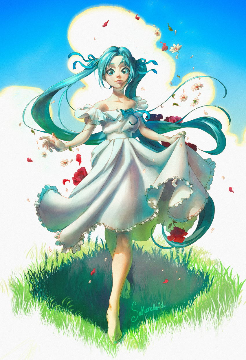 1girl absurdres aqua_eyes aqua_hair bangs bare_shoulders barefoot blue_eyes blue_sky bow clouds cloudy_sky daisy day dress edwin-kun flower frills full_body grass hair_ribbon hatsune_miku highres long_hair looking_at_viewer nail_polish outdoors project_diva project_diva_(series) project_diva_f_2nd project_diva_x ribbon rose simple_background sky smile solo standing twintails very_long_hair vocaloid white_dress