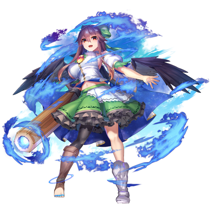 1girl adapted_costume arm_cannon asymmetrical_footwear asymmetrical_legwear bangs bare_arms bare_shoulders bird_wings black_legwear black_wings blue_nails boots bow breasts brown_hair cape collared_shirt commentary_request detached_sleeves eyebrows_visible_through_hair fingernails frilled_skirt frills from_below full_body green_bow hair_between_eyes hair_bow highres large_breasts legs_apart long_bangs long_hair looking_at_viewer midriff_peek mikomachi_(35machi) miniskirt mismatched_footwear nail_polish navel open_mouth outstretched_arm pantyhose puffy_short_sleeves puffy_sleeves red_eyes reiuji_utsuho shirt short_sleeves sideboob single_boot skirt smile smoke solo spread_fingers standing starry_sky_print stomach third_eye toeless_footwear toenail_polish toenails toes touhou transparent_background weapon white_shirt wings zipper