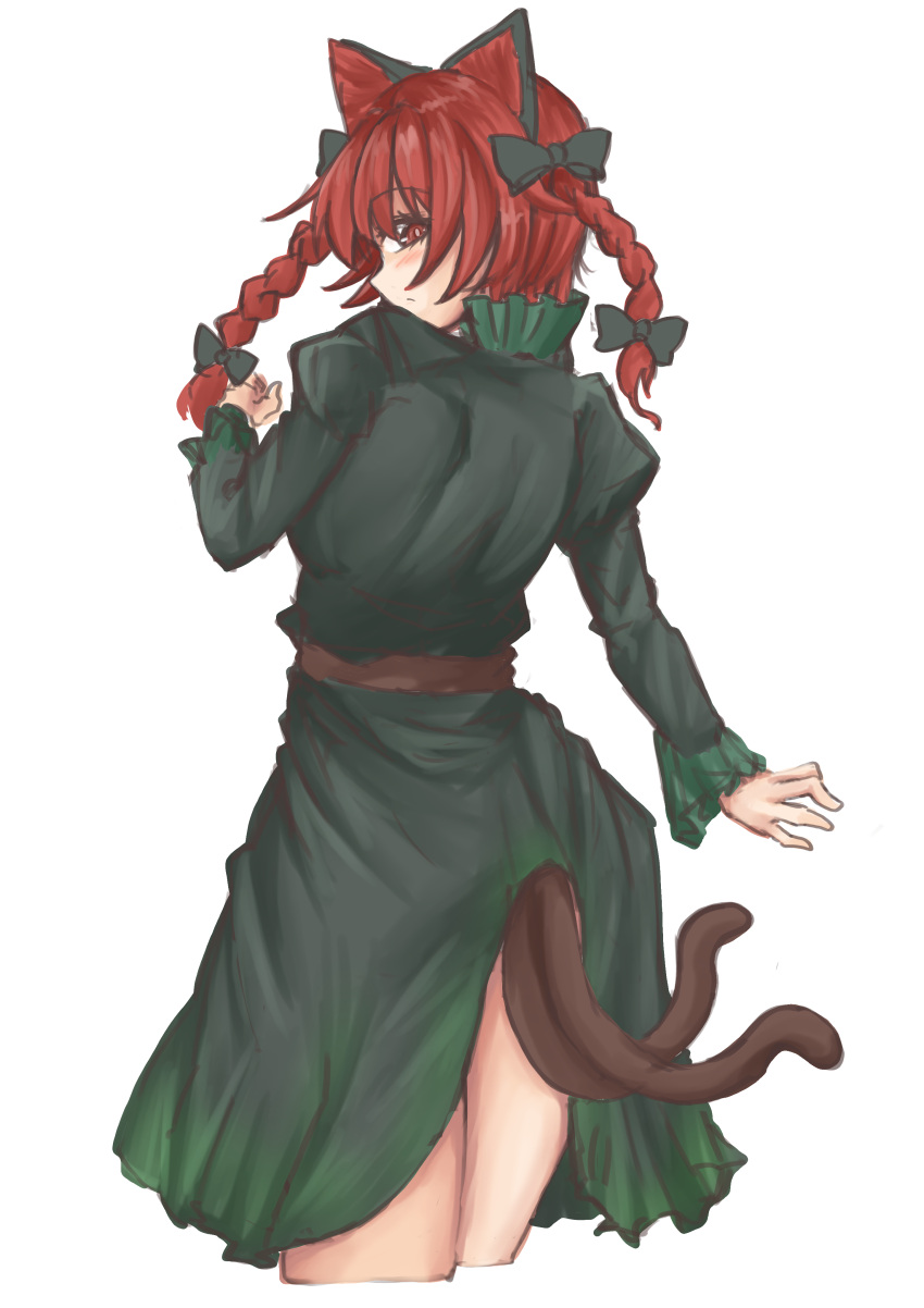 1girl :/ absurdres animal_ears ass bangs black_bow blush bow braid cat_ears cat_tail cropped_legs dress eyebrows_visible_through_hair from_behind green_dress hair_bow hair_ribbon highres juliet_sleeves kaenbyou_rin kuraki long_hair long_sleeves looking_at_viewer looking_back multiple_tails nekomata profile puffy_sleeves red_eyes redhead ribbon sideways_mouth simple_background solo tail touhou tress_ribbon twin_braids twintails two_tails white_background