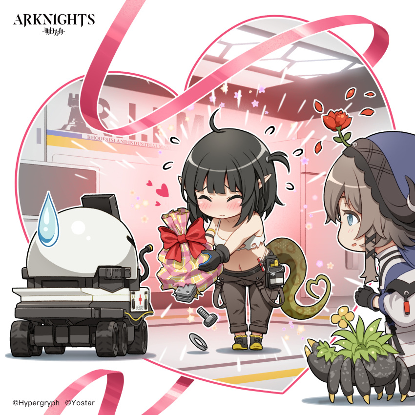 1other 3girls arknights black_hair blush bolt brown_hair cow_girl cow_horns english_text eunectes_(arknights) eunectes_(forgemaster)_(arknights) gift heart_tail highres horns lancet-2_(arknights) metal_crab_(arknights) multiple_girls nut_(hardware) official_alternate_costume official_art pallas_(arknights) pinakes pointy_ears rhodes_island_logo robot snake_tail sweatdrop tail valentine yuri
