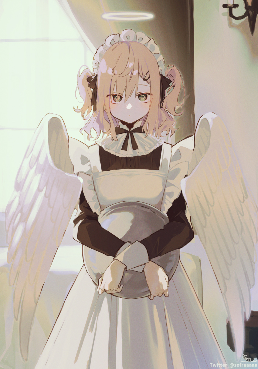 1girl absurdres angel angel_wings apron black_dress brown_eyes brown_hair closed_mouth commentary_request crossed_arms curtains dress feathered_wings frilled_apron frills halo highres holding holding_tray indoors long_sleeves looking_at_viewer maid maid_apron maid_headdress original signature sofra solo standing tray twitter_username two_side_up white_apron white_wings window wings