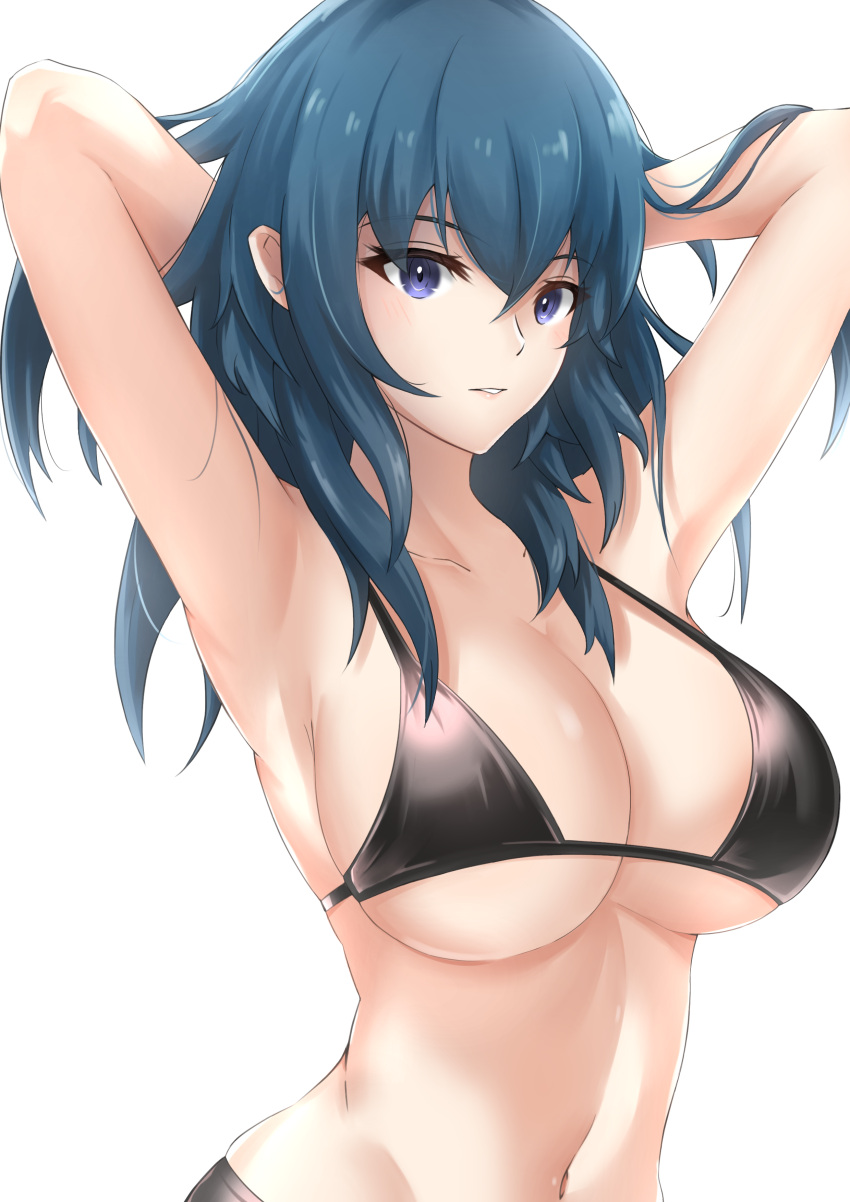 1girl absurdres armpits arms_up bangs bare_arms bikini black_bikini blue_eyes blue_hair breasts byleth_(fire_emblem) byleth_eisner_(female) collarbone ega-chan fire_emblem fire_emblem:_three_houses hair_between_eyes highres large_breasts long_hair looking_at_viewer navel parted_lips simple_background solo stomach swimsuit upper_body white_background