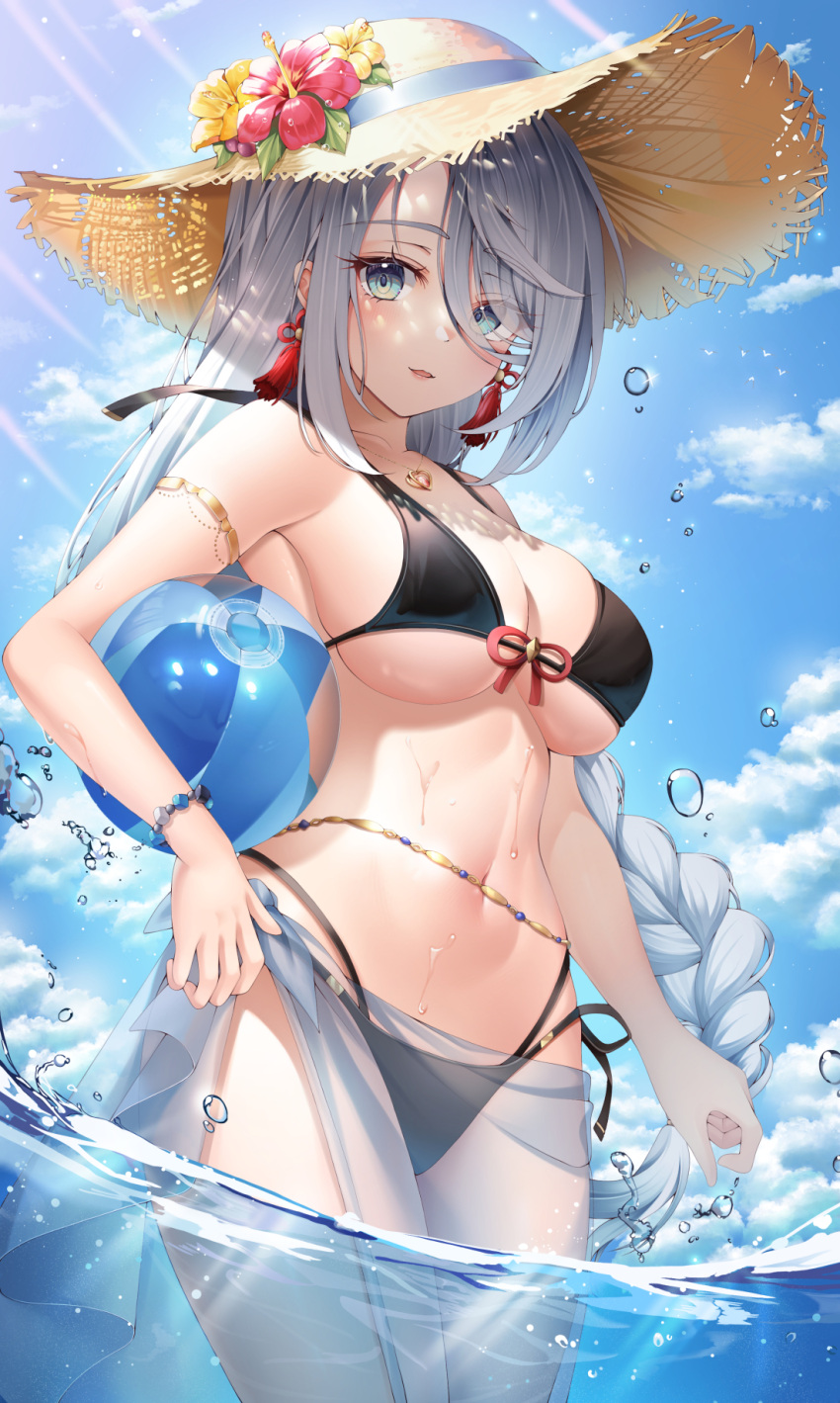 1girl armlet armpits ball bare_arms bare_shoulders beachball bikini black_bikini blue_eyes bracelet braid breasts brown_headwear cowboy_shot day earrings flower front-tie_bikini front-tie_top genshin_impact hat hat_flower hibiscus highres jewelry large_breasts long_hair looking_at_viewer multi-strapped_bikini navel outdoors parted_lips sarong shenhe_(genshin_impact) side-tie_bikini single_braid smile solo ssong2 standing stomach straw_hat string_bikini sun_hat swimsuit tassel very_long_hair wading water wet white_hair