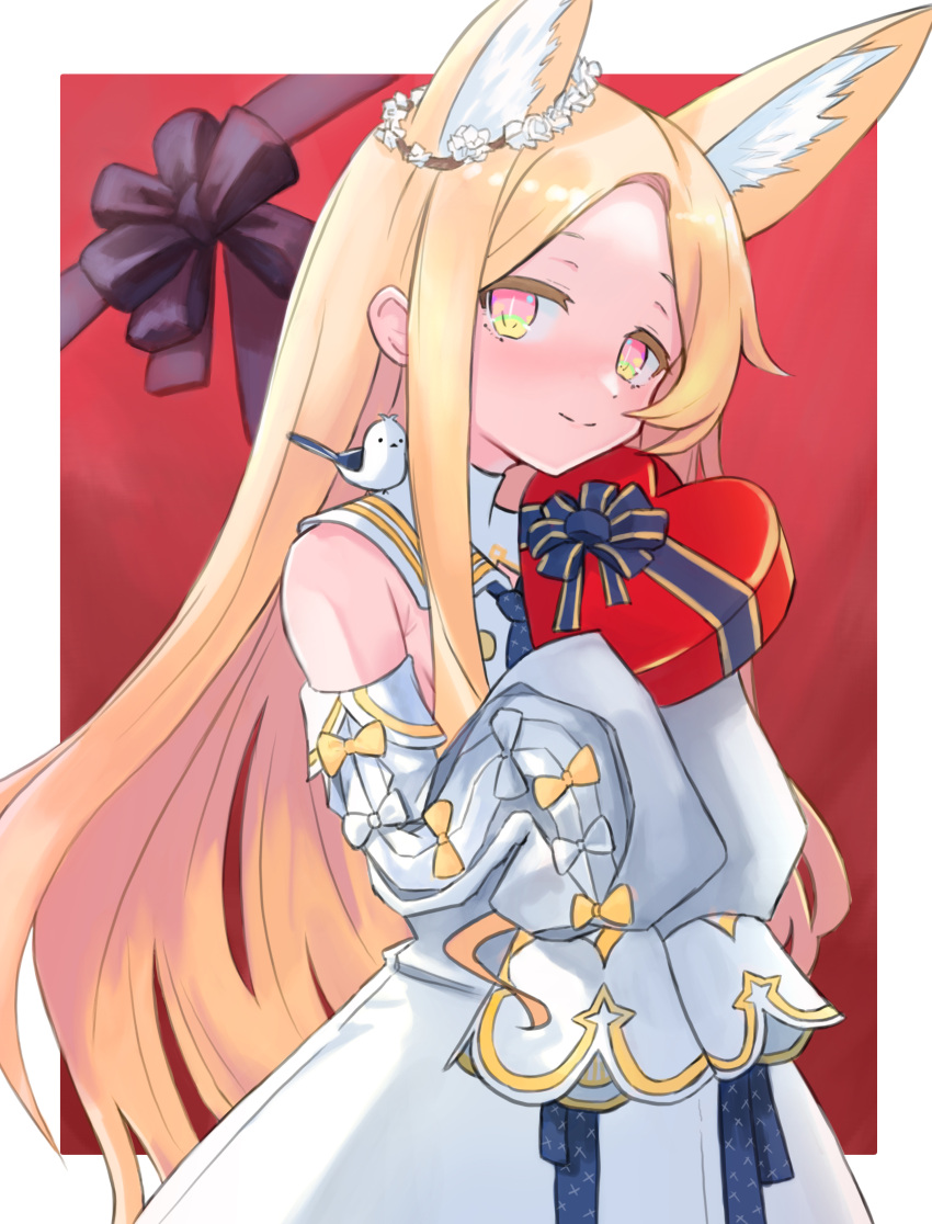 1girl absurdres animal_ear_fluff animal_ears animal_on_shoulder bangs bird bird_on_shoulder blonde_hair blue_archive blush border bow box cowboy_shot detached_sleeves dress flower fox_ears hair_flower hair_ornament hakuminhhh heart-shaped_box highres light_smile long_hair looking_at_viewer multicolored_eyes orange_bow outside_border parted_bangs pink_eyes red_background seia_(blue_archive) simple_background sleeve_bow sleeveless sleeveless_dress sleeves_past_fingers sleeves_past_wrists solo very_long_hair white_bow white_dress yellow_eyes