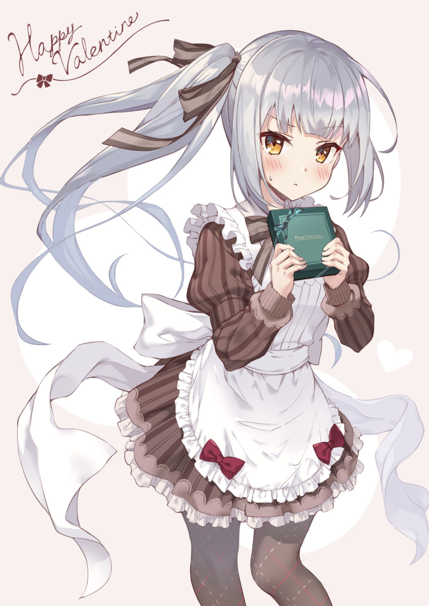 1girl apron black_legwear blush box brown_dress closed_mouth dress eyebrows_visible_through_hair feet_out_of_frame gift gift_box grey_hair happy_valentine highres holding holding_gift juliet_sleeves kantai_collection kasumi_(kancolle) long_hair long_sleeves nueco pantyhose puffy_sleeves side_ponytail solo valentine white_apron yellow_eyes