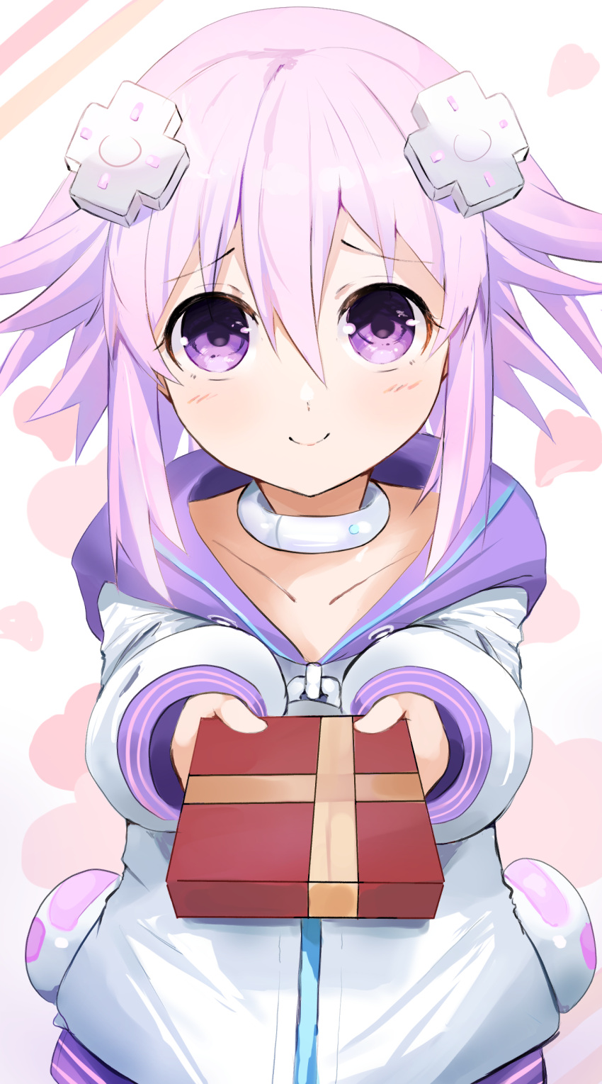 1girl absurdres bimmy blush choker d-pad d-pad_hair_ornament gift hair_ornament heart heart_background highres holding holding_gift hood hooded_jacket jacket long_sleeves looking_at_viewer medium_hair neptune_(neptune_series) neptune_(series) purple_hair smile solo valentine violet_eyes white_choker white_jacket