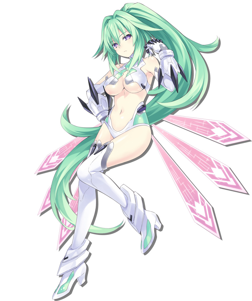 1girl armor armored_boots armpits bangs bare_shoulders bikini_armor boots breasts choujigen_game_neptune_sisters_vs_sisters closed_mouth drop_shadow elbow_gloves eyebrows_visible_through_hair full_body gauntlets gloves green_hair green_heart hair_between_eyes hand_up high_heel_boots high_heels high_ponytail highres large_breasts long_hair looking_at_viewer navel neptune_(series) official_art pink_wings ponytail power_symbol revealing_clothes simple_background solo standing standing_on_one_leg stomach symbol-shaped_pupils thigh-highs thigh_boots transparent_background under_boob very_long_hair violet_eyes white_footwear white_gloves wings