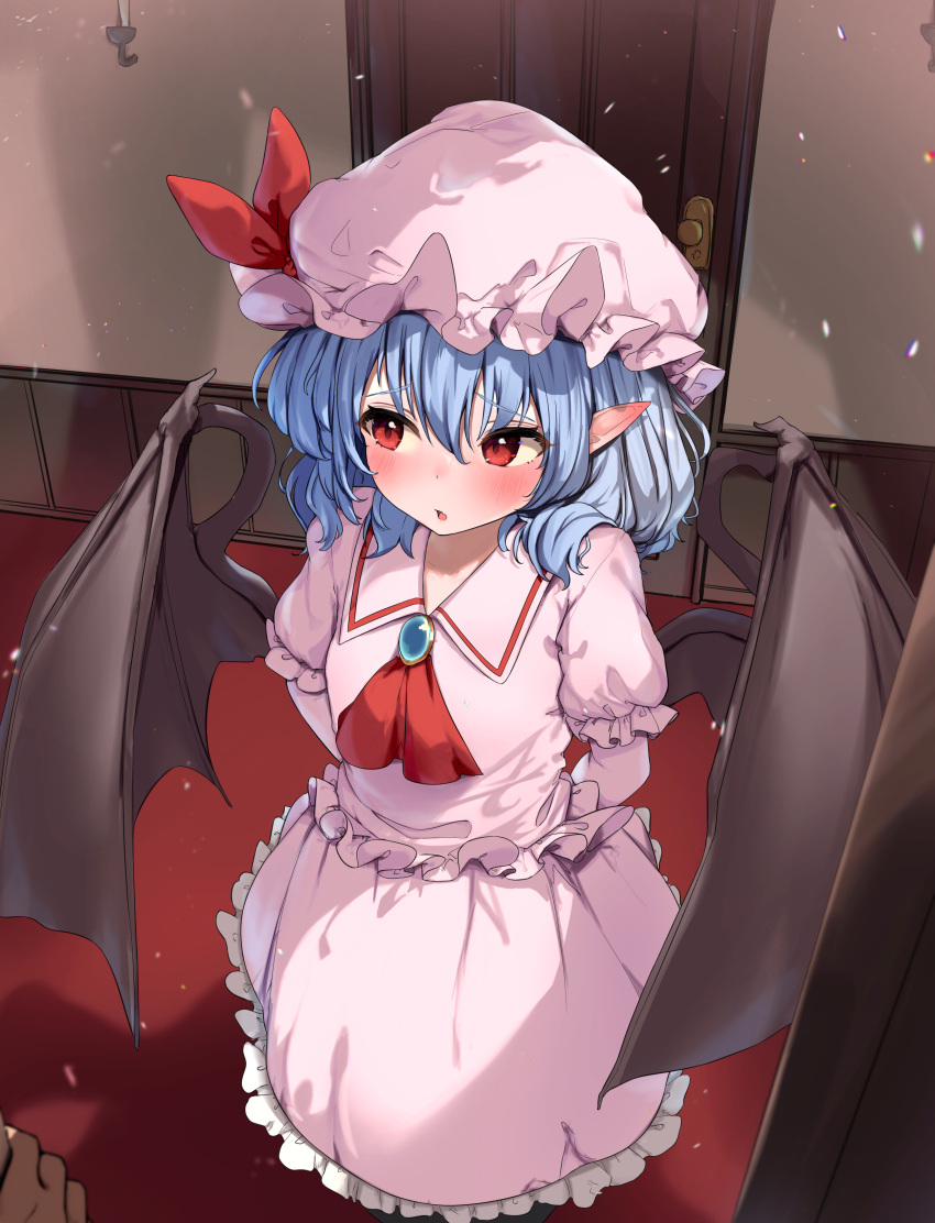 1girl 1other :o absurdres arms_behind_back ascot bangs blue_hair blush brooch collared_shirt commentary day demon_wings door ei_tantan embarrassed frilled_shirt frilled_skirt frilled_sleeves frills from_above hair_between_eyes hat highres indoors jewelry lens_flare light_particles long_skirt looking_to_the_side medium_hair mob_cap open_mouth pink_skirt pointy_ears puffy_short_sleeves puffy_sleeves red_ascot red_eyes remilia_scarlet shadow shirt short_sleeves skirt standing sunlight touhou valentine wings