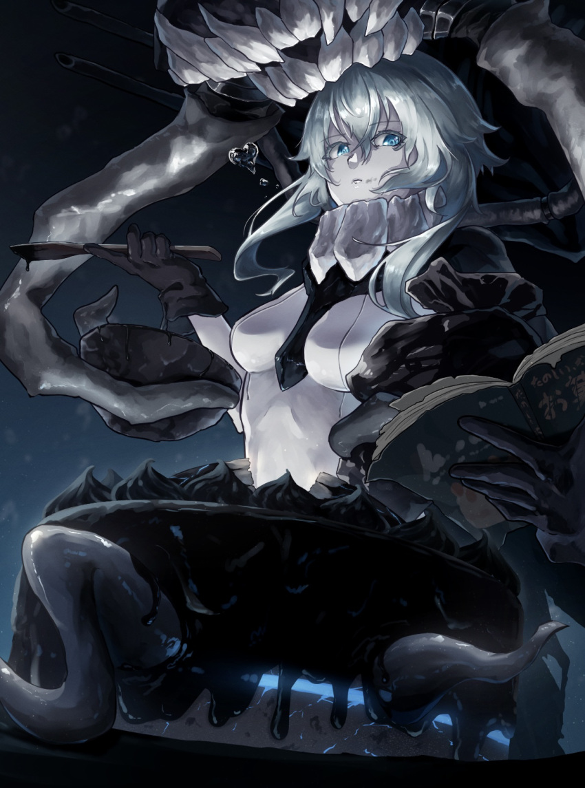 1girl abyssal_ship blue_eyes bodysuit bowl breasts cake food glowing glowing_eyes headgear highres holding holding_bowl i-coat kantai_collection long_hair medium_breasts pale_skin silver_hair solo tentacle_hold tentacles wo-class_aircraft_carrier