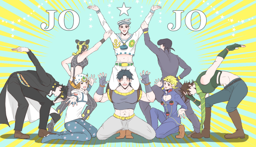 1girl 6+boys abs aruti battle_tendency clip_studio_paint_(medium) crop_top diamond_wa_kudakenai giorno_giovanna hat higashikata_josuke higashikata_josuke_(jojolion) johnny_joestar jojo_no_kimyou_na_bouken jojolion jonathan_joestar joseph_joestar joseph_joestar_(young) kneeling kujo_jolyne kujo_jotaro midriff multiple_boys phantom_blood pose scarf squatting stardust_crusaders steel_ball_run stone_ocean symmetry vento_aureo