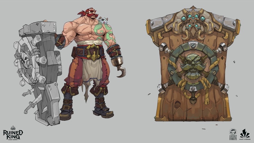 1boy belt black_eyepatch boots braum_(league_of_legends) brown_belt brown_hair collarbone copyright_name eyepatch facial_hair full_body grey_background hicham_habchi highres holding holding_shield hook_hand horns knee_boots league_of_legends male_focus muscular muscular_male mustache pectorals pirate ponytail poro_(league_of_legends) ruined_king:_a_league_of_legends_story shield standing tattoo tentacles tongue tongue_out topless_male