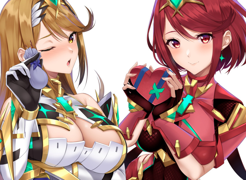 2girls bangs black_gloves blonde_hair box breasts chest_jewel dress earrings elbow_gloves fingerless_gloves gift gift_box gloves headpiece heart-shaped_box highres jewelry large_breasts long_hair multiple_girls mythra_(xenoblade) one_eye_closed open_mouth pyra_(xenoblade) red_eyes redhead short_dress short_hair super_smash_bros. super_smash_bros._logo swept_bangs tiara very_long_hair white_gloves xenoblade_chronicles_(series) xenoblade_chronicles_2 yellow_eyes yuuki_shin