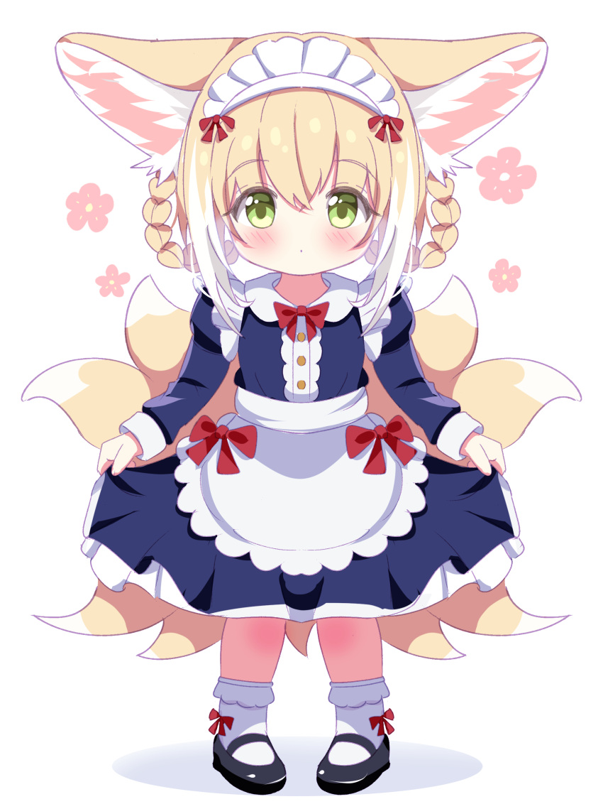 1girl absurdres alternate_costume animal_ear_fluff animal_ears apron arknights bangs black_footwear blonde_hair blue_dress blush bobby_socks braid closed_mouth commentary_request dress enmaided eyebrows_visible_through_hair floral_background fox_ears fox_girl fox_tail frilled_apron frills full_body green_eyes hair_between_eyes hair_rings highres juliet_sleeves kitsune long_sleeves looking_at_viewer maid maid_headdress multicolored_hair pigeon-toed puffy_sleeves rebaa shadow shoes skirt_hold socks solo standing suzuran_(arknights) tail twin_braids two-tone_hair white_apron white_background white_hair white_legwear