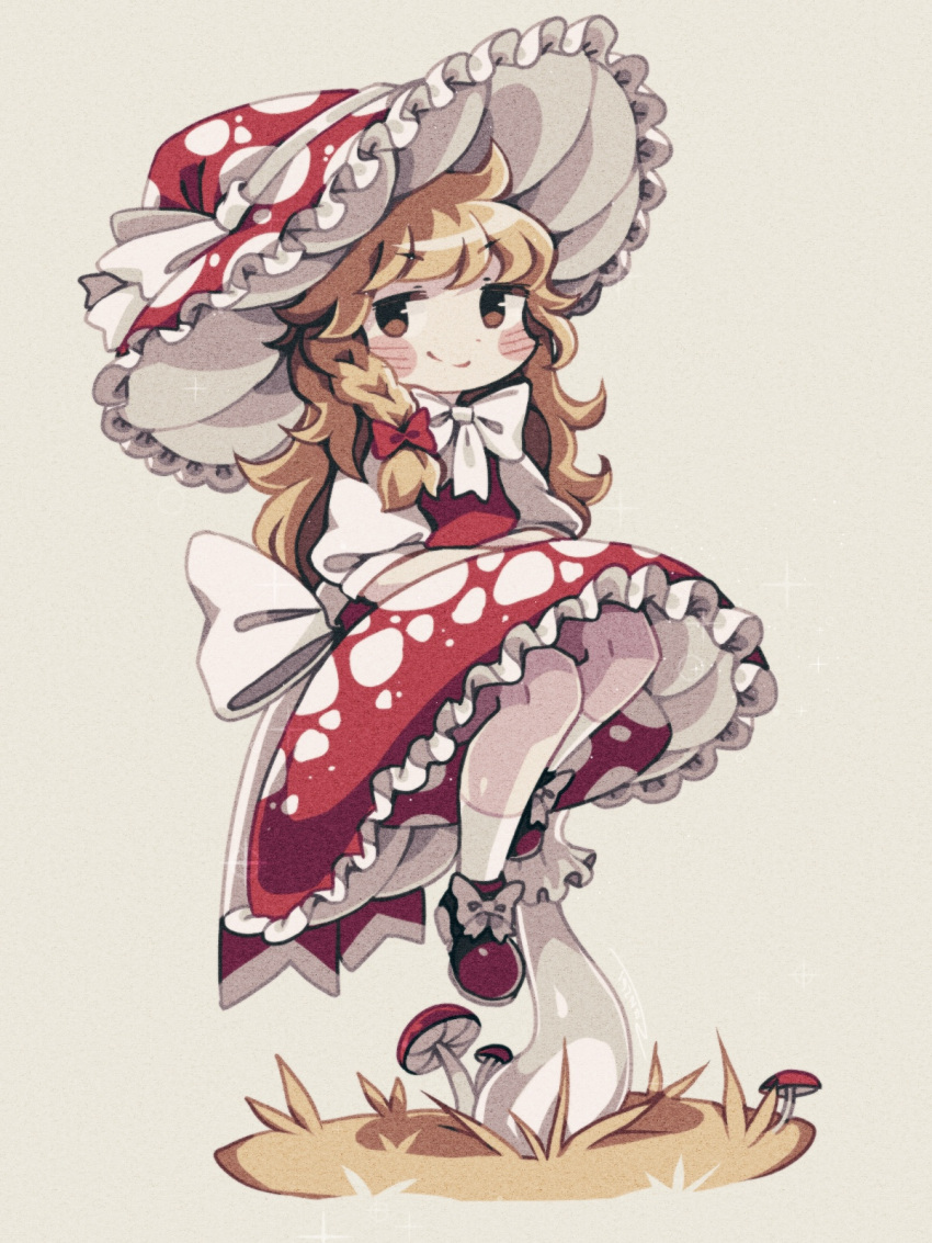 1girl apron blonde_hair bow braid buttons dress footwear_bow frilled_dress frills hair_bow hat hat_bow highres juliet_sleeves kirisame_marisa long_hair long_sleeves mushroom puffy_sleeves red_dress red_footwear red_headwear shoes short_sleeves simple_background socks solo touhou waist_apron white_background white_bow white_legwear witch_hat yellow_eyes zuomerika