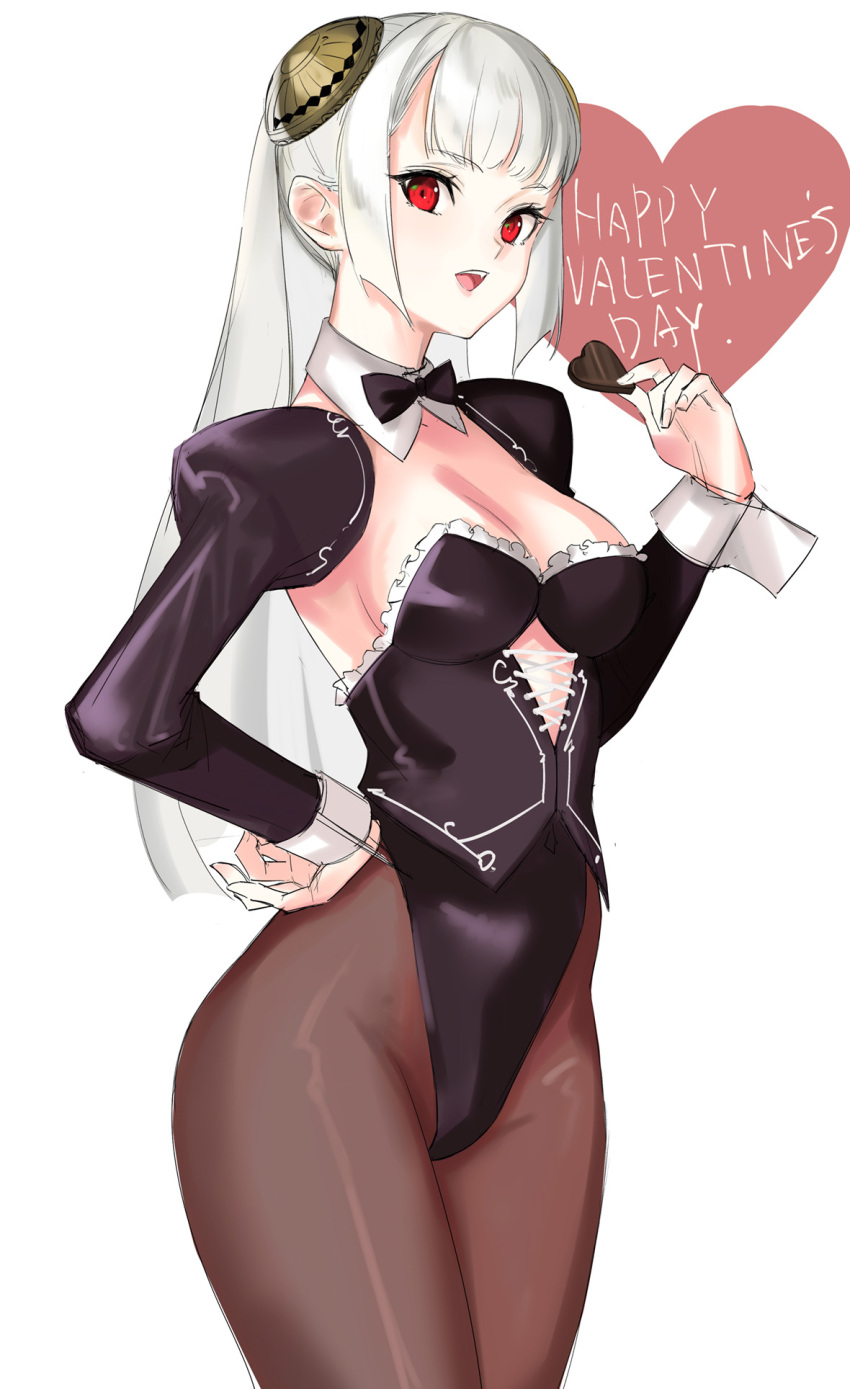 1girl black_vest bow bowtie brown_legwear candy capcom_fighting_jam chocolate detached_collar detached_sleeves food frilled_vest hairpods heart heart-shaped_chocolate highres ingrid_(capcom) lace-up_top leotard open_mouth pantyhose platinum_blonde_hair red_eyes solo tetsu_(kimuchi) valentine vest