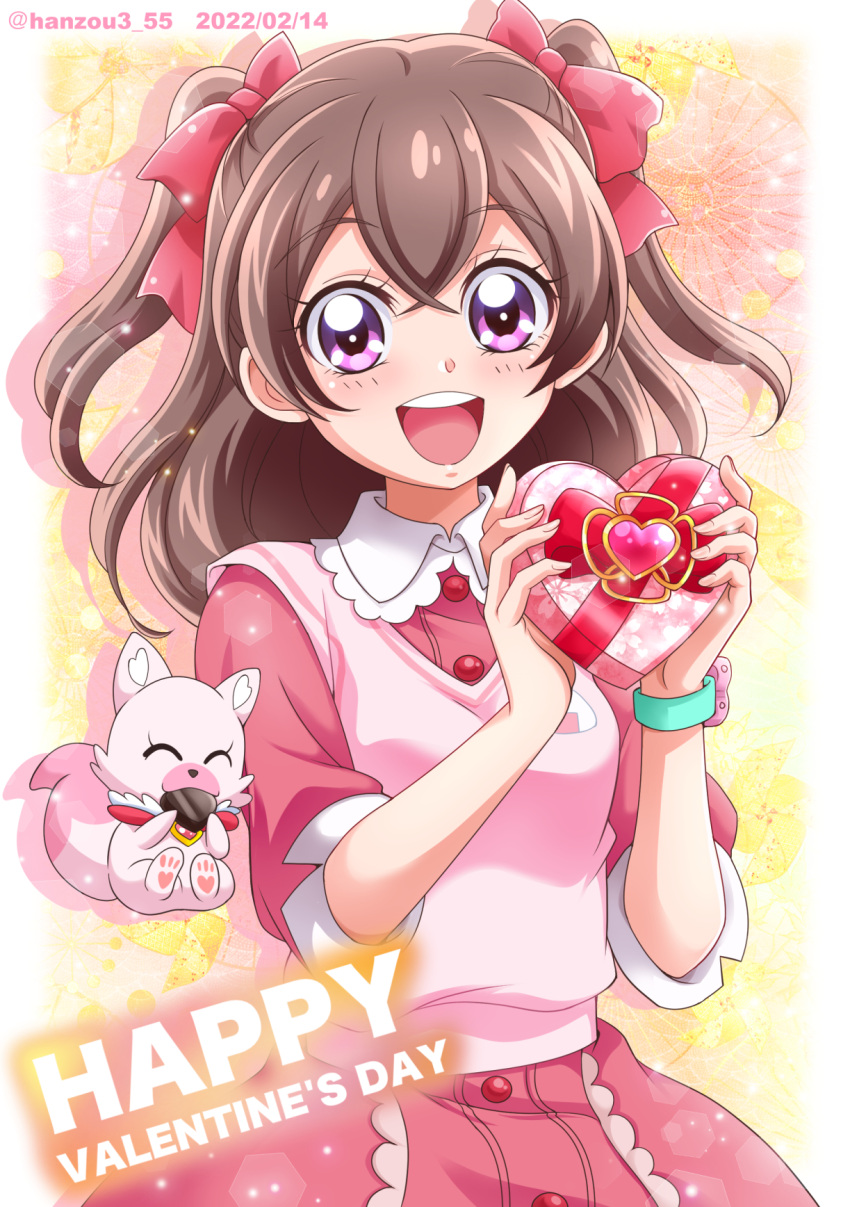 1girl border box breasts brown_hair candy chocolate collared_dress dated delicious_party_precure dress eating eyebrows_visible_through_hair food fox gift gift_box gradient gradient_background hair_between_eyes hair_ribbon hanzou heart heart-shaped_chocolate highres kome-kome_(precure) long_hair nagomi_yui open_mouth pink_dress pink_ribbon pink_vest precure ribbon short_sleeves small_breasts smile twintails twitter_username valentine vest violet_eyes white_border yellow_background