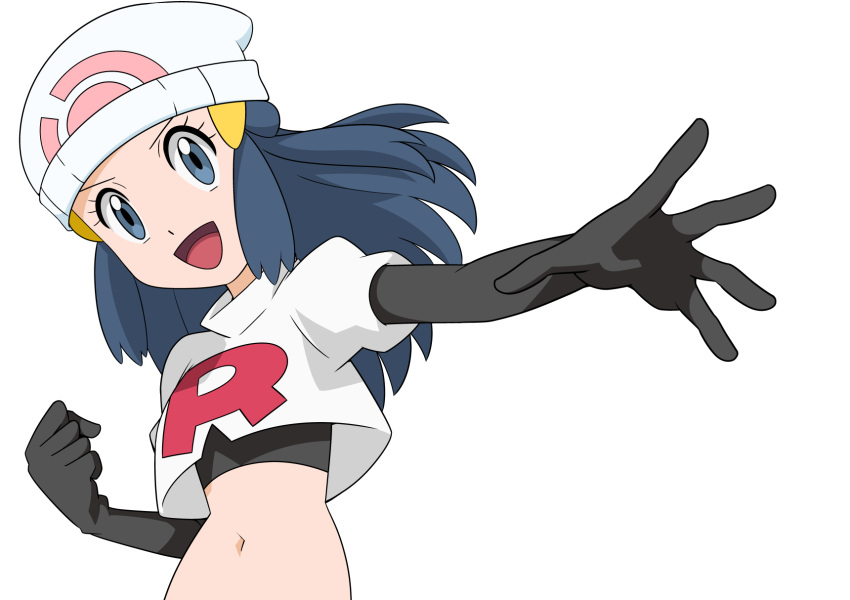 1girl :d beanie black_gloves black_hair black_shirt clenched_hand commentary_request cosplay cropped_jacket elbow_gloves eyelashes gloves grey_eyes hainchu hair_ornament hairclip hat highres hikari_(pokemon) jacket jessie_(pokemon) jessie_(pokemon)_(cosplay) logo long_hair midriff navel open_mouth pokemon pokemon_(anime) pokemon_dppt_(anime) shirt sidelocks simple_background smile solo spread_fingers tongue white_background white_headwear white_jacket