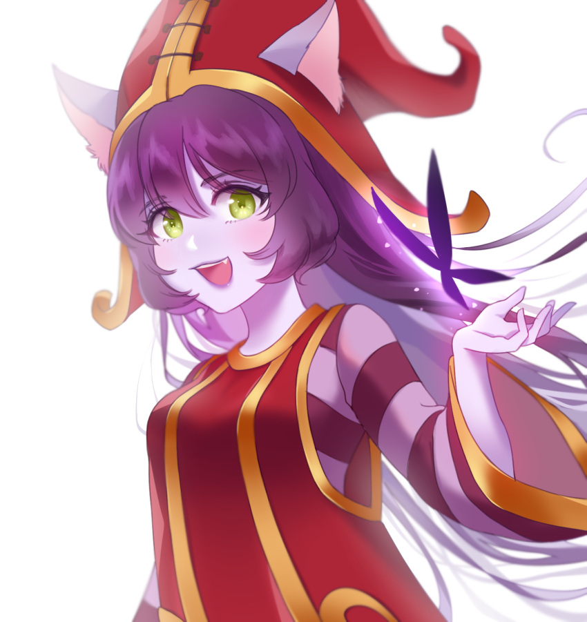 1girl animal_ears bangs bug butterfly dress ears_through_headwear eyebrows_visible_through_hair fang green_eyes grey_background hat highres league_of_legends long_hair long_sleeves looking_at_viewer lulu_(league_of_legends) purple_hair red_dress red_headwear sella_423 shiny shiny_hair simple_background smile solo striped striped_sweater sweater upper_body yordle