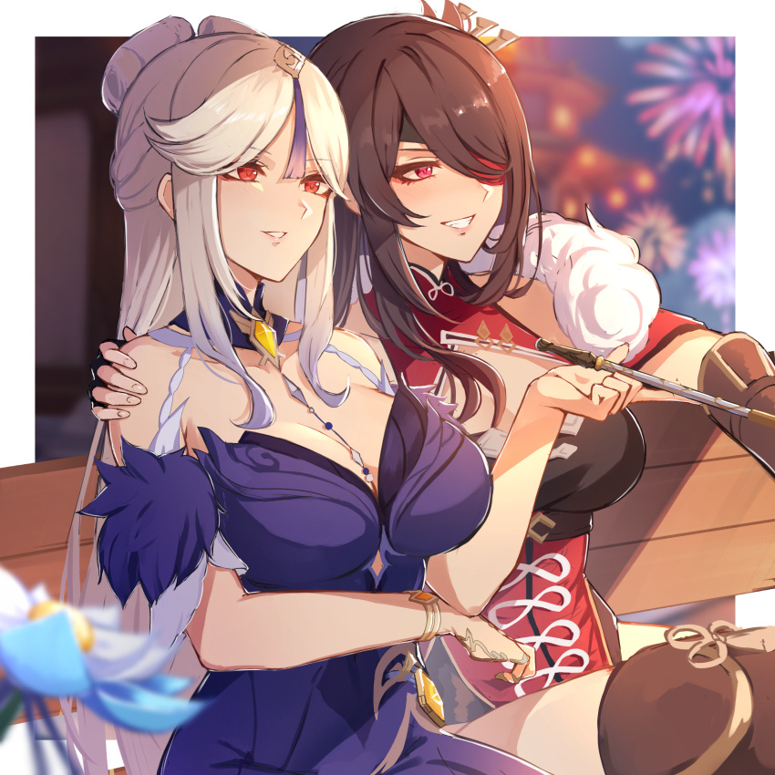 2girls absurdres bangs bare_shoulders beidou_(genshin_impact) blue_dress blush bracelet breasts brown_footwear brown_hair dress eyepatch fingerless_gloves fireworks flower fur_trim genshin_impact gloves hair_ornament hand_on_another's_shoulder highres jewelry large_breasts long_hair multiple_girls ningguang_(genshin_impact) ningguang_(orchid's_evening_gown)_(genshin_impact) outdoors parted_lips pipe pnatsu red_eyes sitting smile thigh-highs yuri
