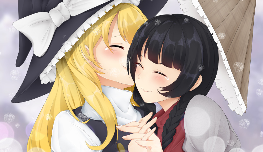 2girls ^_^ ajirogasa bangs black_hair black_vest blonde_hair blunt_bangs blush bow braid brown_headwear buttons capelet closed_eyes closed_mouth commentary_request dress eyebrows_visible_through_hair frilled_hat frills grey_dress happy hat hat_bow hat_removed headwear_removed highres holding_hands interlocked_fingers juliet_sleeves kirisame_marisa long_hair long_sleeves multiple_girls outdoors puffy_sleeves ribbon shirt smile snow tearing_up tears touhou turtleneck twin_braids unlock-creed upper_body very_long_hair vest white_bow white_shirt witch_hat yatadera_narumi yuri