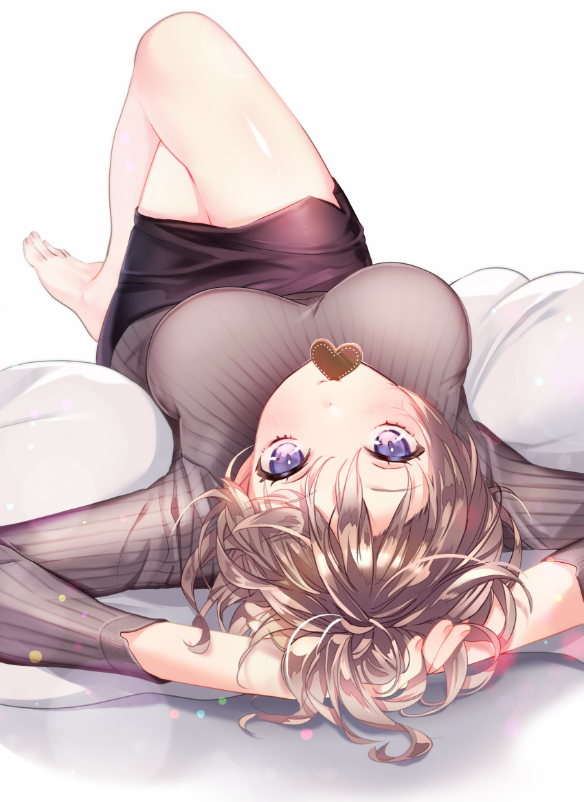 1girl absurdres arms_behind_head arms_up bangs barefoot bed_sheet black_skirt blush breasts brown_hair candy chocolate crossed_legs food grey_sweater heart heart-shaped_chocolate highres inuimahirocha knees_up large_breasts long_sleeves looking_at_viewer lying mouth_hold on_back original pencil_skirt ribbed_sweater sanpaku short_hair skirt solo sweater upside-down valentine violet_eyes