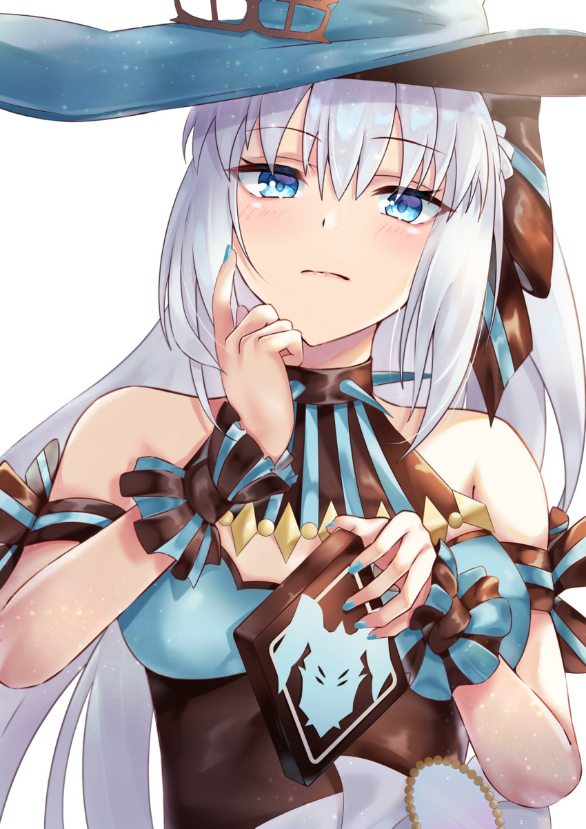 1girl bangs black_bow blue_eyes bow braid breasts fate/grand_order fate_(series) french_braid grey_hair hair hair_bow hat large_breasts long_hair morgan_le_fay_(fate) oneheart396 ponytail sidelocks thighs very_long_hair witch_hat