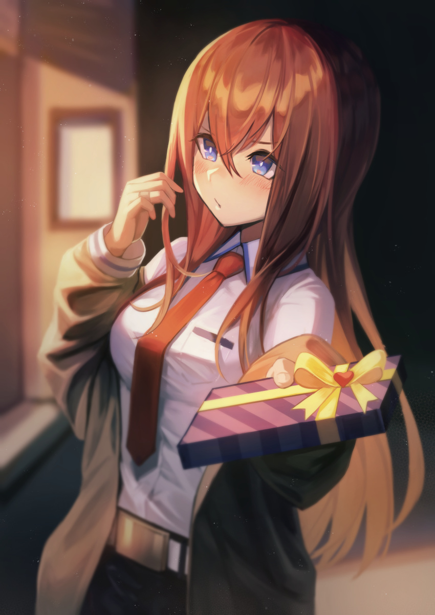 1girl absurdres bangs belt blue_eyes blush box box_of_chocolates breast_pocket breasts brown_jacket collared_shirt gift gift_wrapping hair_between_eyes hakusyokuto hand_up highres holding holding_gift incoming_gift indoors jacket long_hair looking_away makise_kurisu necktie off_shoulder pocket pout pov red_necktie redhead shirt shirt_tucked_in solo steins;gate tsundere v-shaped_eyebrows valentine very_long_hair white_shirt