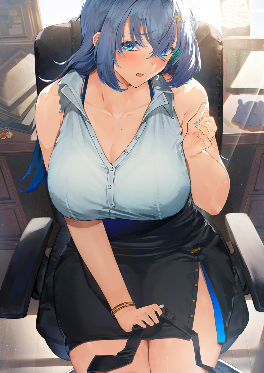 1girl bangs bare_arms bare_shoulders black_skirt blue_eyes blue_hair blue_nails blue_shirt blush breasts chair collarbone collared_shirt commentary_request eyebrows_visible_through_hair hair_ornament hairclip hand_up highres indoors large_breasts long_hair looking_at_viewer neshia_(tsaqif0309) open_mouth original shirt sitting skirt sleeveless solo thighs valentine