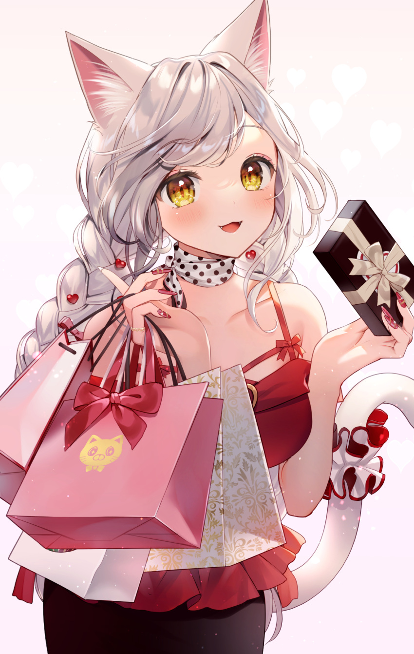 1girl :d animal_ear_fluff animal_ears bag bangs bare_shoulders black_skirt box braid breasts brown_eyes camisole cat_ears cat_girl cat_tail collarbone commentary_request eyebrows_visible_through_hair fangs fingernails gift gift_box heart heart_background highres holding holding_bag holding_gift long_fingernails long_hair looking_at_viewer medium_breasts momoshiki_tsubaki nail_polish original paper_bag red_camisole red_nails silver_hair skirt smile solo tail tail_raised twin_braids valentine very_long_hair