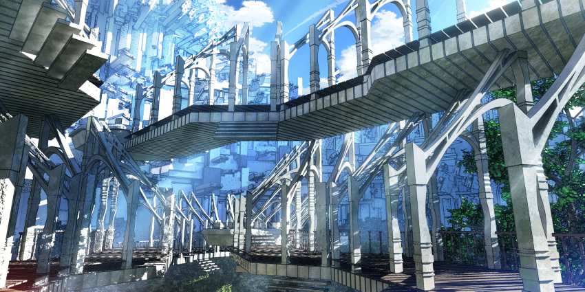 arch blue_sky clouds commentary day english_commentary highres light_rays no_humans original outdoors railing scenery sky stairs sunlight waisshu_(sougyokyuu) walkway