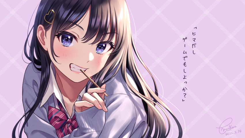1girl bangs black_hair blue_eyes bow collared_shirt dated diagonal-striped_bow eyebrows_visible_through_hair food food_in_mouth grey_sweater grin hair_ornament heart heart_hair_ornament highres long_hair long_sleeves looking_at_viewer morikura_en mouth_hold nail_polish original pink_nails pocky purple_background red_bow school_uniform shirt signature sleeves_past_wrists smile solo sweater translation_request upper_body valentine very_long_hair white_shirt
