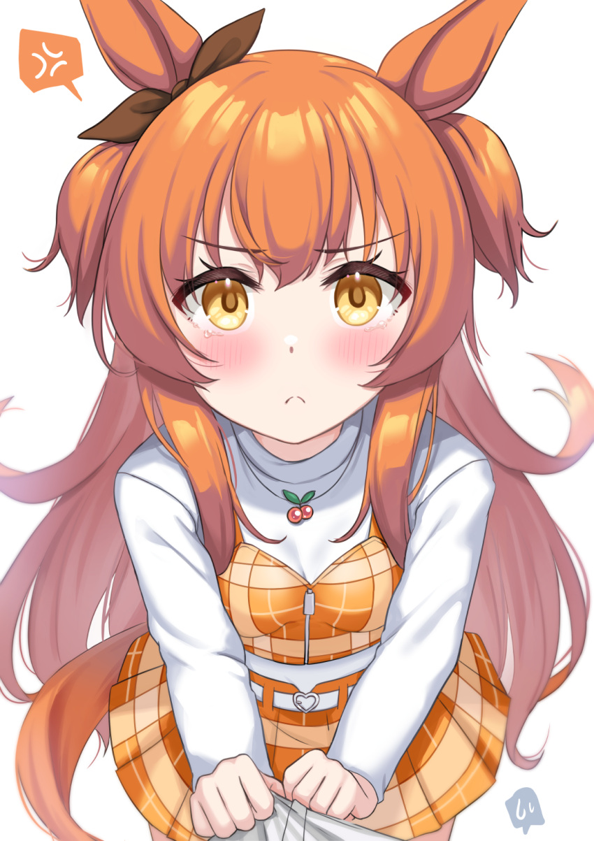 :&lt; anger_vein animal_ears blush breasts casual commentary_request highres horse_ears horse_tail jewelry kibihimi long_hair mayano_top_gun_(umamusume) necklace orange_eyes orange_hair pov simple_background small_breasts tail tears tucking umamusume white_background