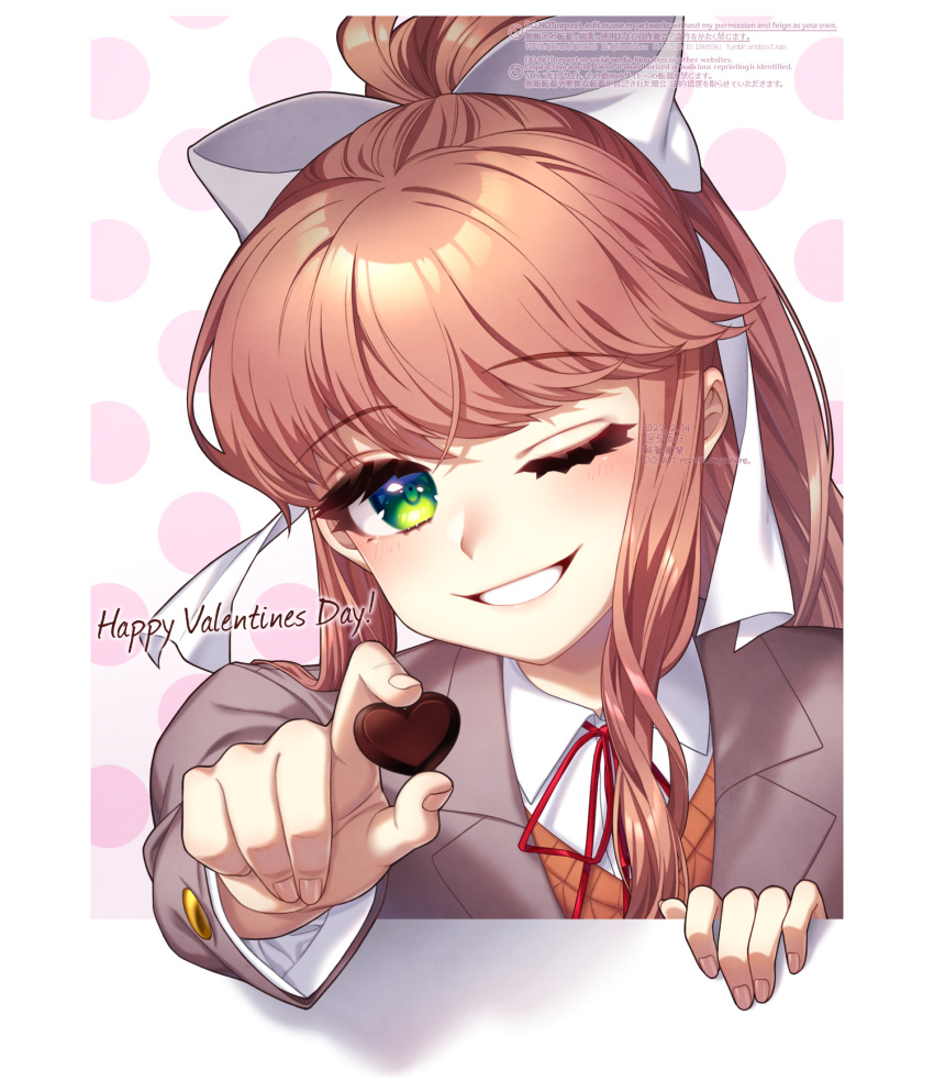 1girl ;) brown_hair candy chocolate commentary doki_doki_literature_club english_commentary eyebrows_visible_through_hair food green_eyes grey_jacket hair_ribbon happy_valentine heart heart-shaped_chocolate highres jacket long_hair long_sleeves looking_at_viewer mixed-language_commentary monika_(doki_doki_literature_club) nan_(gokurou) one_eye_closed parted_lips polka_dot polka_dot_background ponytail reaching_out ribbon school_uniform smile solo through_screen valentine watermark white_ribbon