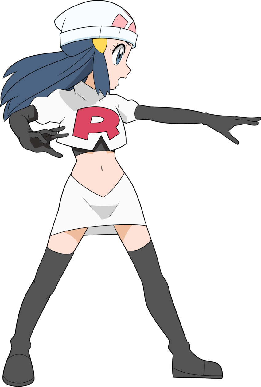1girl beanie black_footwear black_gloves black_hair boots commentary_request cosplay cropped_jacket elbow_gloves eyelashes full_body gloves grey_eyes hainchu hair_ornament hairclip hat highres hikari_(pokemon) jacket jessie_(pokemon) jessie_(pokemon)_(cosplay) long_hair navel open_mouth outstretched_arm pokemon pokemon_(anime) pokemon_dppt_(anime) sidelocks simple_background skirt solo thigh-highs thigh_boots white_background white_headwear white_jacket white_skirt