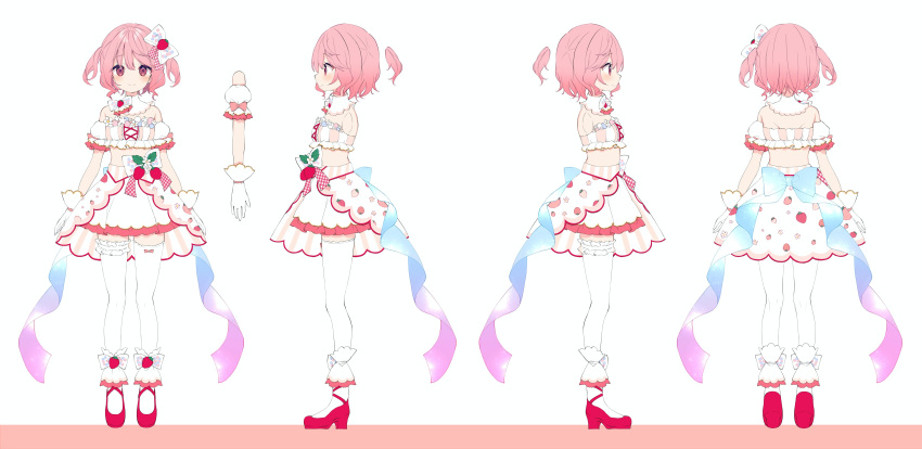 1girl absurdres ana_(rznuscrf) bangs bare_shoulders character_sheet closed_mouth food frills from_behind from_side fruit full_body gloves hair_ornament highres indie_virtual_youtuber maisaki_berry medium_hair pink_hair red_footwear strawberry thigh-highs two_side_up white_background white_gloves