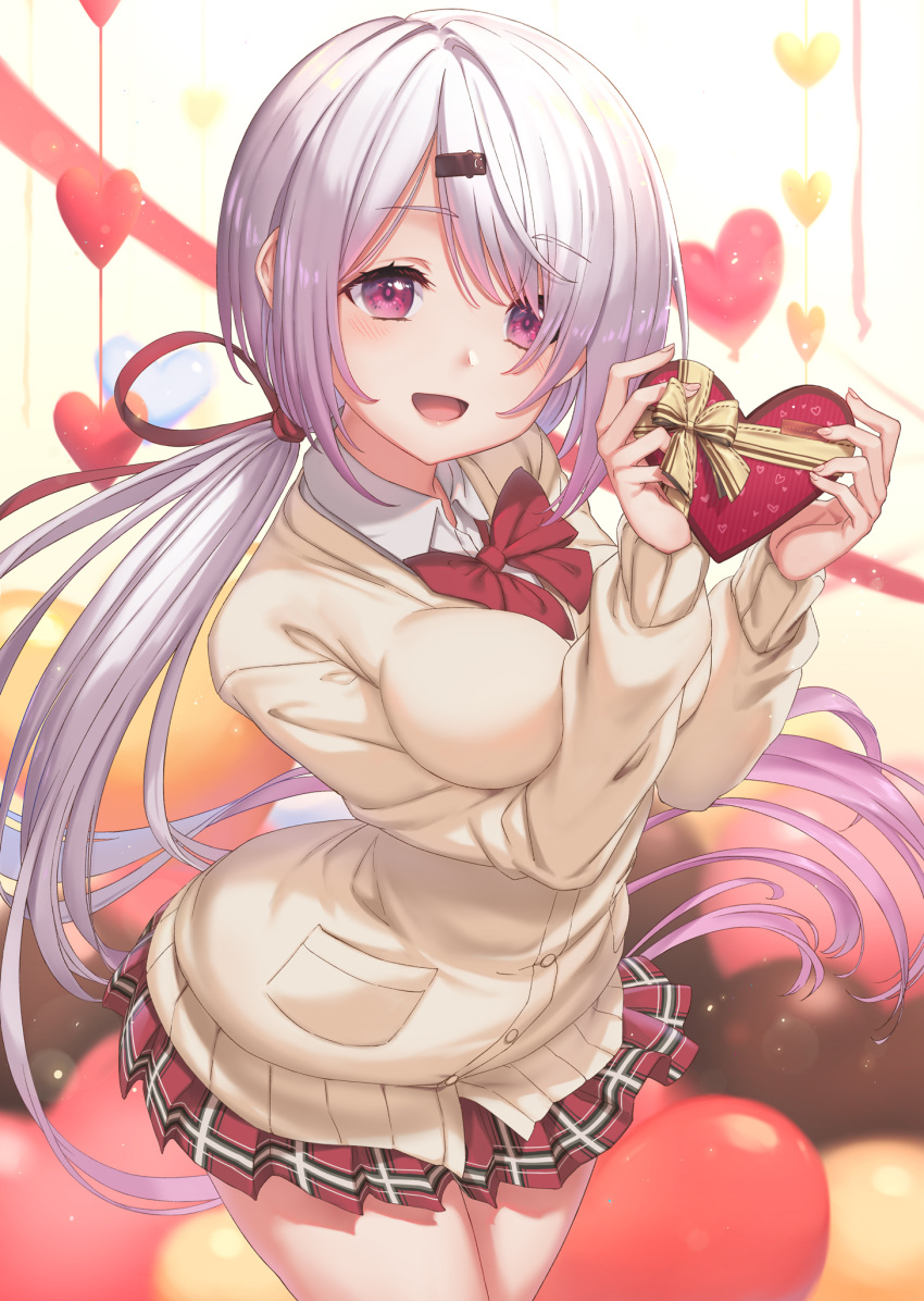 1girl :d bangs bow box breasts brown_cardigan cardigan collared_shirt commentary_request dress_shirt eyebrows_visible_through_hair gift gift_box grey_hair hair_ornament hair_over_one_eye hairclip hands_up heart heart-shaped_box highres holding holding_gift kamome_yuu long_hair long_sleeves low_ponytail medium_breasts nijisanji plaid plaid_skirt pleated_skirt ponytail purple_hair red_bow red_skirt school_uniform shiina_yuika shirt skirt sleeves_past_wrists smile solo valentine very_long_hair violet_eyes virtual_youtuber white_shirt