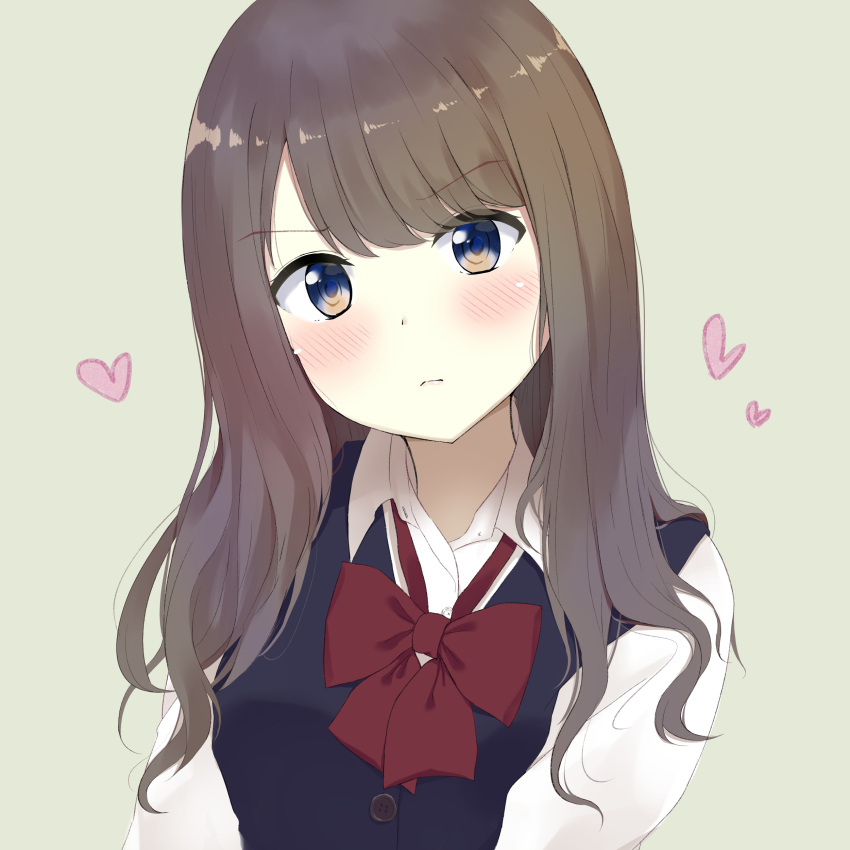 1girl 7_calpis_7 absurdres bangs black_vest blue_eyes blush bow brown_background brown_hair closed_mouth collared_shirt dress_shirt eyebrows_visible_through_hair frown head_tilt heart highres long_hair looking_at_viewer original red_bow school_uniform shirt solo upper_body v-shaped_eyebrows vest white_shirt