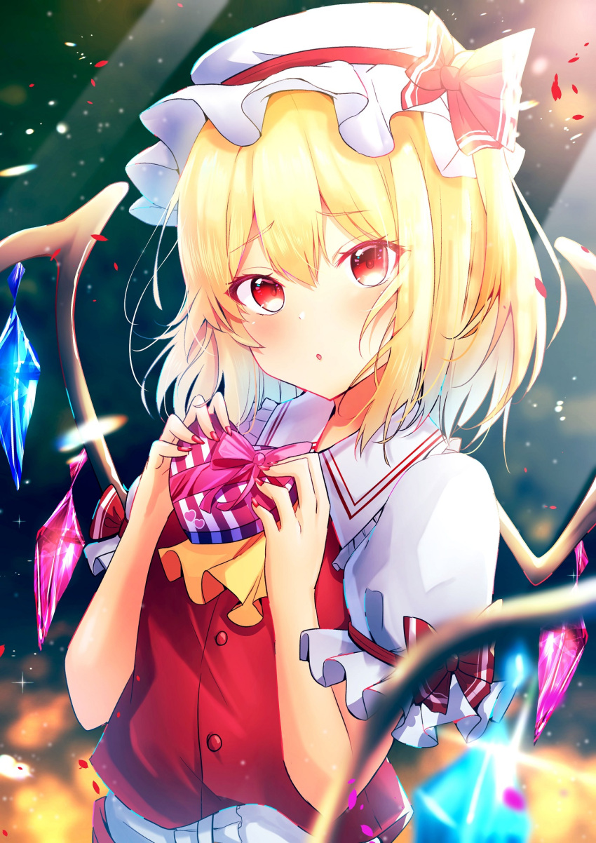 1girl :o ascot bangs blonde_hair blush bow box buttons center_frills collar commentary_request crystal eyebrows_visible_through_hair eyelashes flandre_scarlet frilled_collar frills furrowed_brow gift gift_bow hat hat_bow hat_ribbon heart-shaped_box highres holding holding_gift one_side_up open_mouth puffy_short_sleeves puffy_sleeves rainbow_order red_bow red_eyes red_nails red_ribbon red_vest renka_(cloudsaikou) ribbon shirt short_hair short_sleeves solo sparkle standing touhou vest white_headwear white_shirt wings yellow_ascot