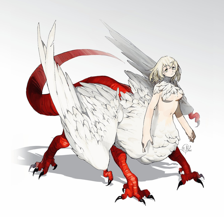 1girl bangs blonde_hair breasts centauroid chimera claws closed_mouth commentary_request commission dragon_tail dungeon_meshi eyebrows_visible_through_hair falin_thorden feathered_wings full_body hair_between_eyes highres korean_commentary large_breasts looking_at_viewer monster_girl navel sepo_(mito609) shadow short_hair sidelocks signature simple_background smile solo spoilers standing stomach tail talons taur under_boob white_background white_feathers wings yellow_eyes