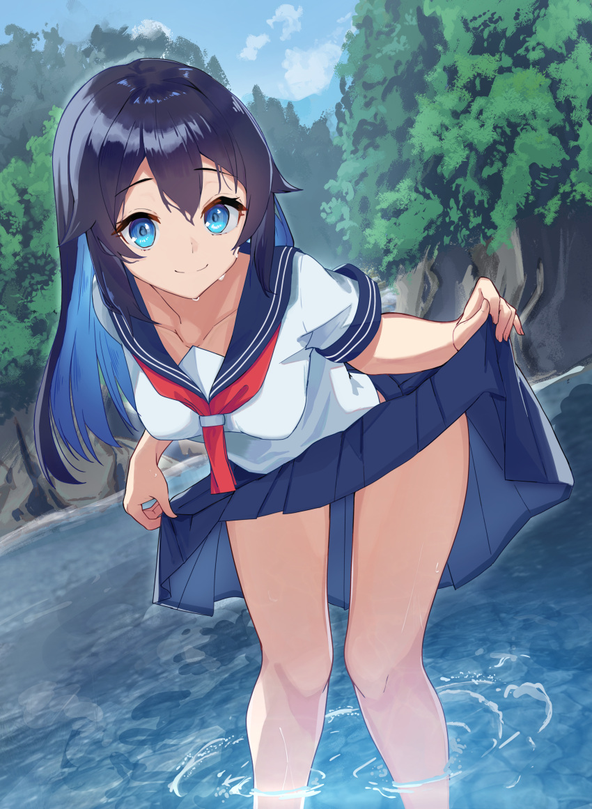 1girl absurdres bangs black_hair blue_eyes blue_hair blue_sailor_collar blue_skirt breasts clothes_lift collarbone colored_inner_hair day eyebrows_visible_through_hair highres hitachi_sou leaning_forward long_hair looking_at_viewer medium_breasts miniskirt multicolored_hair neckerchief original outdoors pleated_skirt red_neckerchief river sailor_collar school_uniform serafuku skirt skirt_lift sky smile solo tree wading water wet